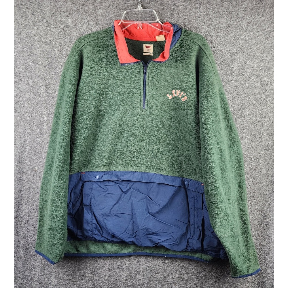Levis Anorak Jacket Mens XXL Relaxed Green Navy Red Fleece Colorblock EUC
